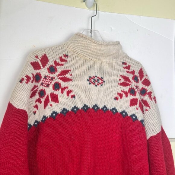 Eddie Bauer Vintage 90s Nordic Wool Heavy Knit Sweater Red Tan Hi Funnel Neck L - Picture 5 of 16